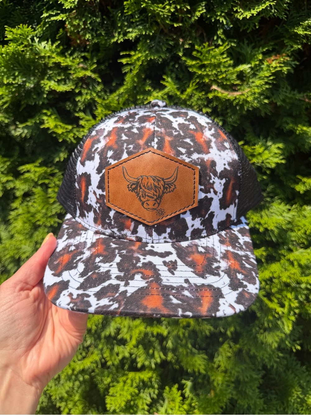 Cowhide Print Trucker Cap with Leather Highland Cow Patch - Black & Brown - Picture 2 of 8